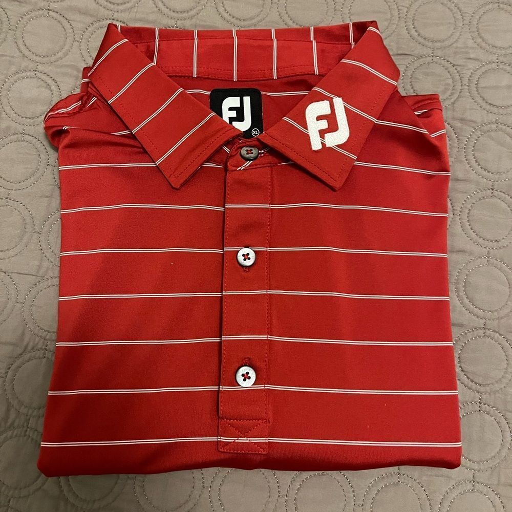 Footjoy Polo Shirt Mens Red White Striped Golf  Branded Tour Edition Collar FJ
